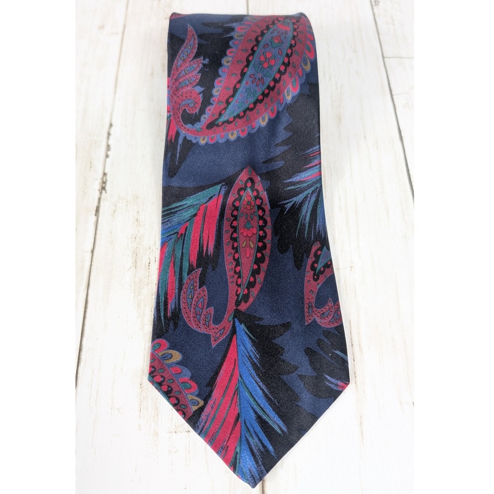 Serica Italy Silk Necktie Mens Paisley Floral‎ Red Blue Vintage 90s